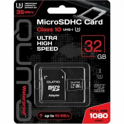 Карта памяти Qumo MicroSDHC Сlass 10 UHS-I U3 3.0 32GB + SD адаптер (QM32GMICSDHC10U3) (черный) 