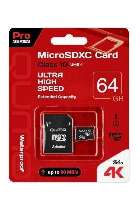 Карта памяти QUMO MicroSDXC 90/45 МБ/с UHS-I U3 Pro seria 3.0 64GB + (SD адаптер) (QM64GMICSDXC10U3) 