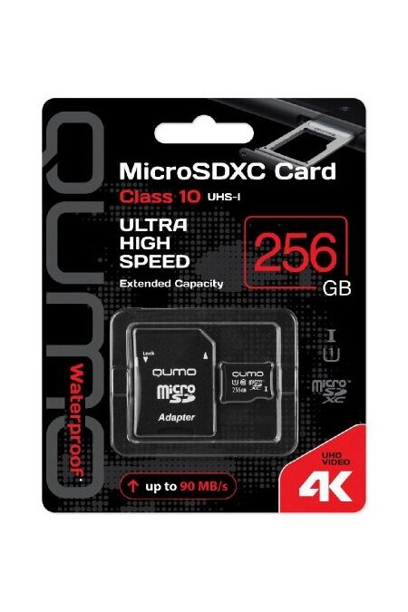 Карта памяти QUMO MicroSDXC 90/70 МБ/с UHS-I U3 Pro seria 3.0 256GB+ SD адаптер (QM256GMICSDXC10U3) (черный) 