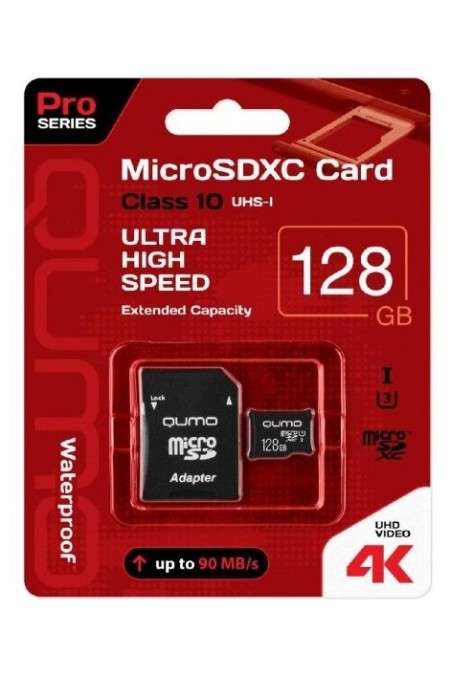 Карта памяти Qumo microSDXC class 10 UHS Class 3 128GB + SD адаптер (QM128GMICSDXC10U3) (черный) 