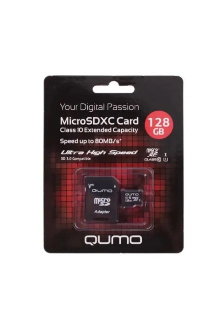 Карта памяти QUMO MicroSDXC Class 10 UHS-I 128GB (QM128GMICSDXC10U1) +SD адаптер (черный) 