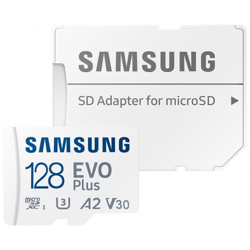 Карта памяти Samsung microSDXC EVO Plus Class 10 A2 V30 UHS-I 128GB адаптер на SD (белый) 