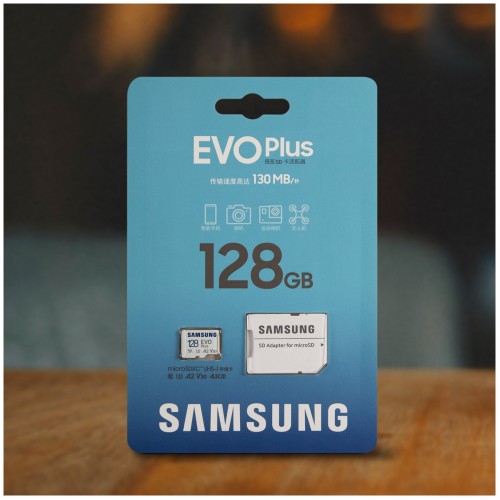 Карта памяти Samsung microSDXC EVO Plus Class 10 A2 V30 UHS-I 128GB адаптер на SD (белый) 1