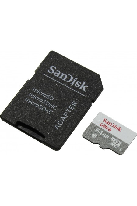 Карта памяти SanDisk microSD (SDSQUNR-064G-GN3MA) Class 10 Ultra UHS-I 64GB + (SD адаптер) (серый/белый) 1
