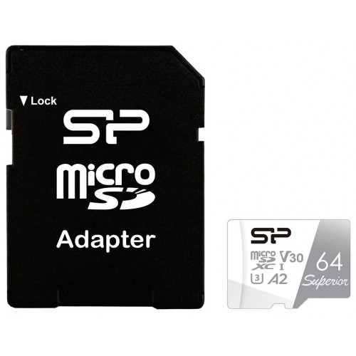 Карта памяти Silicon Power Superior microSDXC V30 A2 UHS Class 3 Class 10 64GB + SD адаптер (SP064GBSTXDA2V20SP) (белый) 