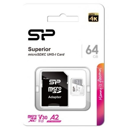 Карта памяти Silicon Power Superior microSDXC V30 A2 UHS Class 3 Class 10 64GB + SD адаптер (SP064GBSTXDA2V20SP) (белый) 1