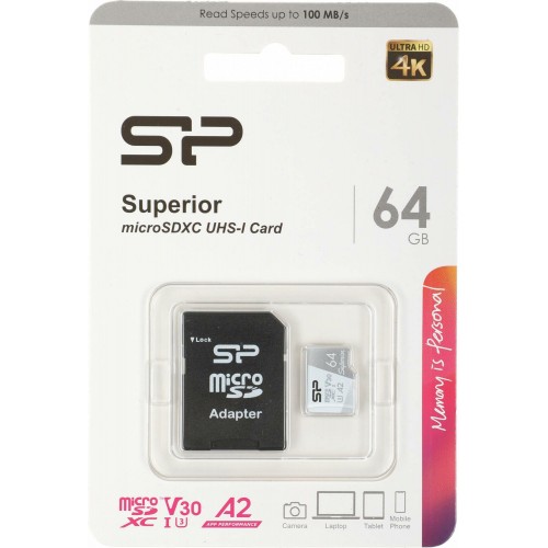 Карта памяти Silicon Power Superior microSDXC V30 A2 UHS Class 3 Class 10 64GB + SD адаптер (SP064GBSTXDA2V20SP) (белый) 2