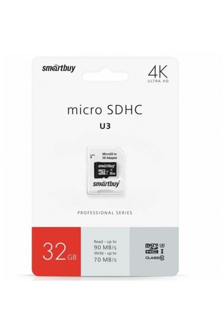 Карта памяти SMARTBUY MICRO SDHC CLASS10 PRO U3 R/W: 90/70 MB/S (SB32GBSDCL10U3-01) 32GB (с адаптером SD) 