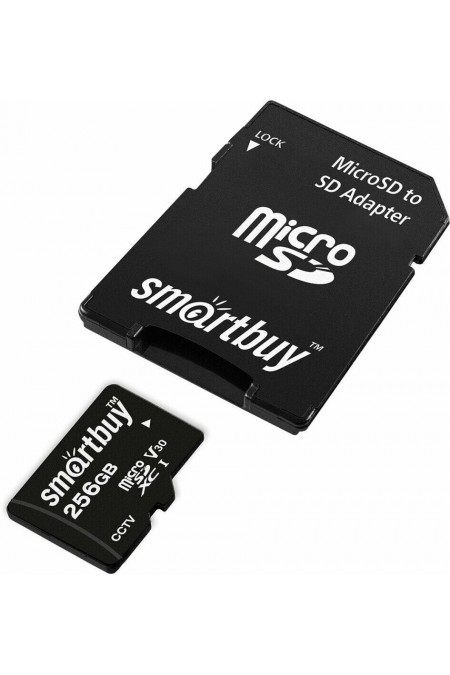 Карта памяти SMARTBUY micro SDXC Class 10 U3 V30 256GB (SB256GBSDCCTV)+ SD адаптер (черный) 