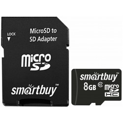 Карта памяти SmartBuy microSDHC Class 10 8GB +SD адаптер (черный)