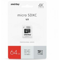 Карта памяти SMARTBUY MicroSDXC Class10 PRO (U3) (SB64GBSDCL10U3-01) 64GB + SD адаптер (черный)