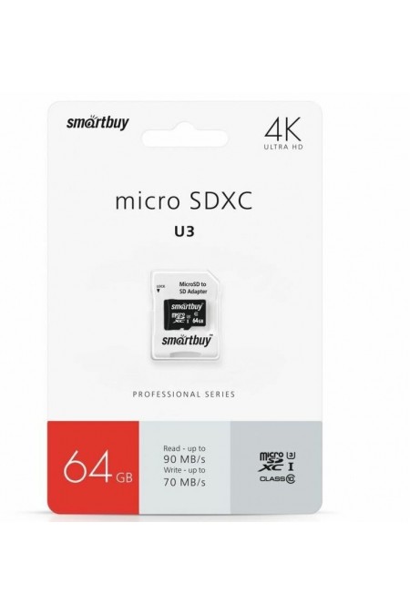 Карта памяти SMARTBUY MicroSDXC Class10 PRO (U3) (SB64GBSDCL10U3-01) 64GB + SD адаптер (черный) 