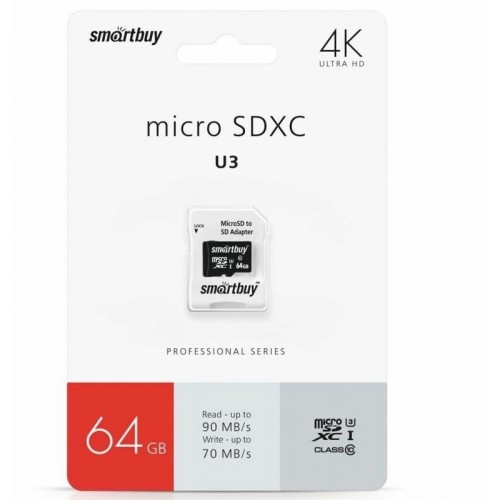 Карта памяти SMARTBUY MicroSDXC Class10 PRO (U3) (SB64GBSDCL10U3-01) 64GB + SD адаптер (черный) 