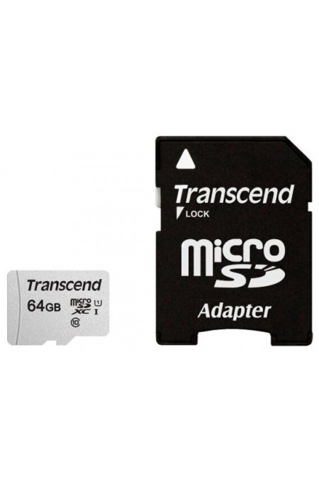 Карта памяти Transcend microSD 300S Class 10 UHS-I U1 A1 64GB + SD адаптер (TS64GUSD300S-A) (серебристый) 