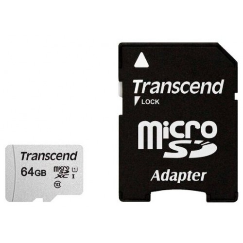 Карта памяти Transcend microSD 300S Class 10 UHS-I U1 A1 64GB + SD адаптер (TS64GUSD300S-A) (серебристый) 