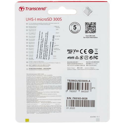 Карта памяти Transcend microSDXC 300S Class 10 U3 A1 V30 256GB (TS256GUSD300S-A) (черный) 3