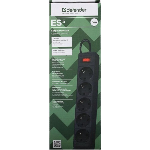 Сетевой фильтр DEFENDER (99486) ES сет.фильтр 5роз - 5м (черный) 15