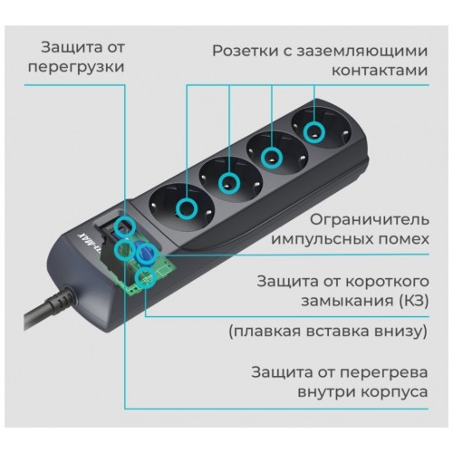 Сетевой фильтр Pilot m-MAX 4 розетки 1.8 м (черный) 3