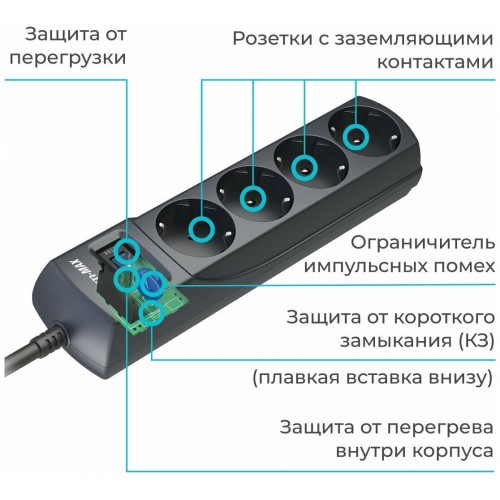 Сетевой фильтр Pilot m-MAX 7м (4 розетки) коробка (серый) 1