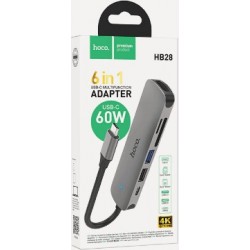 Док-станция Hoco HB28 6в1: USB3.0, PD100W, SD/TF, USB2.0, HDMI, кабель 13см, алюминий (серый)