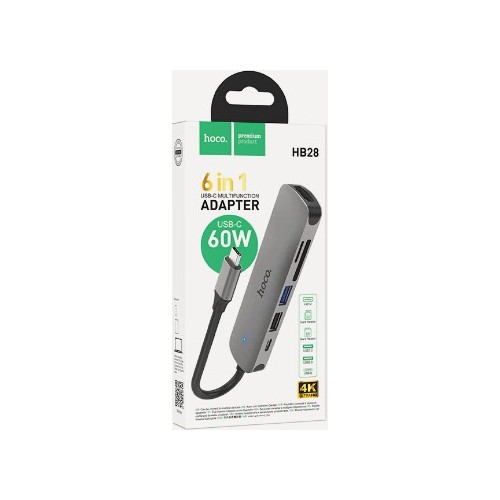 Док-станция Hoco HB28 6в1: USB3.0, PD100W, SD/TF, USB2.0, HDMI, кабель 13см, алюминий (серый) 