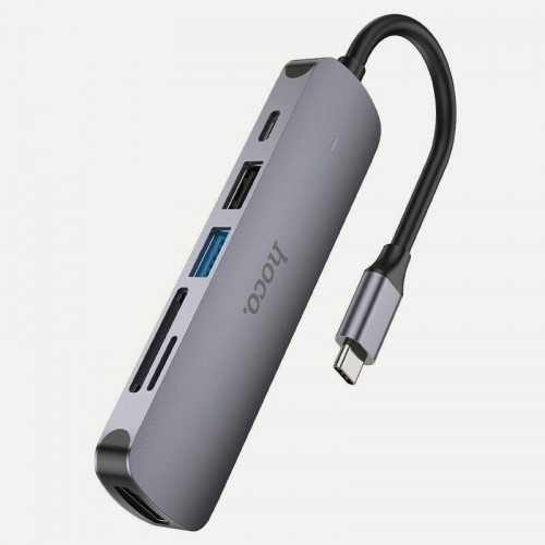 Док-станция Hoco HB28 6в1: USB3.0, PD100W, SD/TF, USB2.0, HDMI, кабель 13см, алюминий (серый) 2