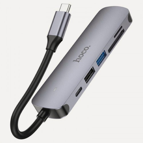 Док-станция Hoco HB28 6в1: USB3.0, PD100W, SD/TF, USB2.0, HDMI, кабель 13см, алюминий (серый) 4