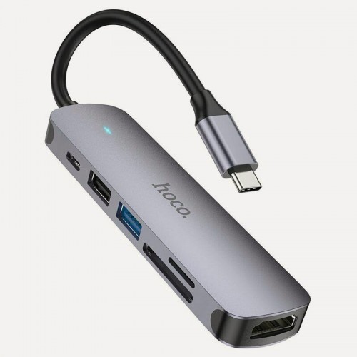 Док-станция Hoco HB28 6в1: USB3.0, PD100W, SD/TF, USB2.0, HDMI, кабель 13см, алюминий (серый) 5