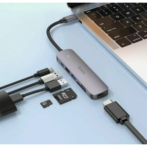 Док-станция Hoco HB28 6в1: USB3.0, PD100W, SD/TF, USB2.0, HDMI, кабель 13см, алюминий (серый) 7