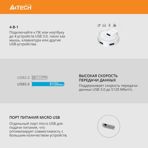 Разветвитель A4Tech USB 3.0 HUB-30 4порт (черный) 8
