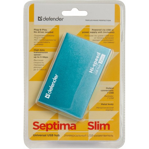 Разветвитель Defender USB Septima Slim USB2.0, 7портов,блок питания 2A 83505 (синий) 4
