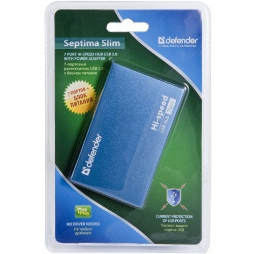 Разветвитель Defender USB Septima Slim USB2.0, 7портов,блок питания 2A 83505 (синий) 9