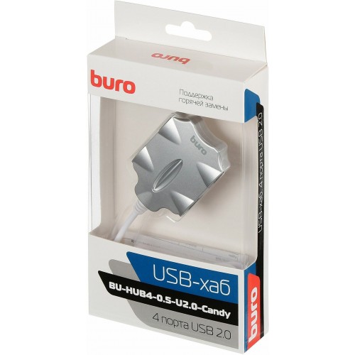 USB-концентратор Buro BU-HUB4-0.5-U2.0-Candy 4порт. (серебристый) 1