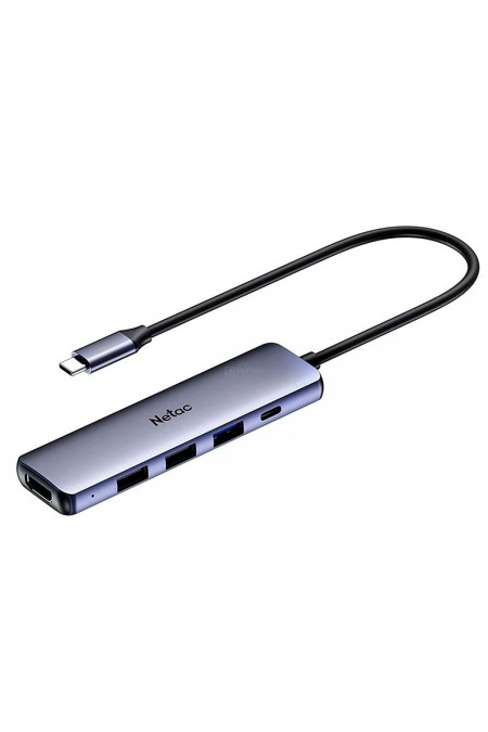 USB-концентратор Netac USB Hub WF13 5in1 Type-C to 2xUSB 2.0 + 1xUSB 3.0 + 1xHDMI(4k/30Hz) + 1 Type-C(DP) 100W (серебристый) 