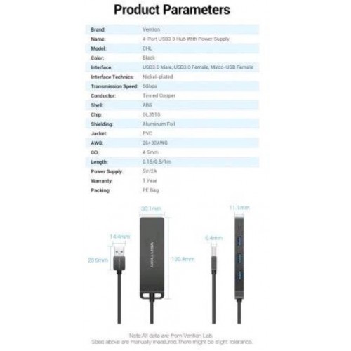 USB-концентратор Vention OTG USB 3.0 на 4 порта - 0.15м. CHLBB (черный) 5