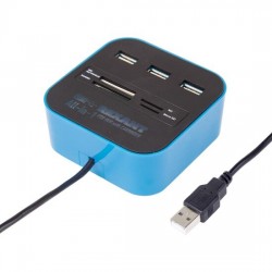 Разветвитель REXANT 18-4121 USB на 3 порта+картридер (все в одном) (черный/голубой)