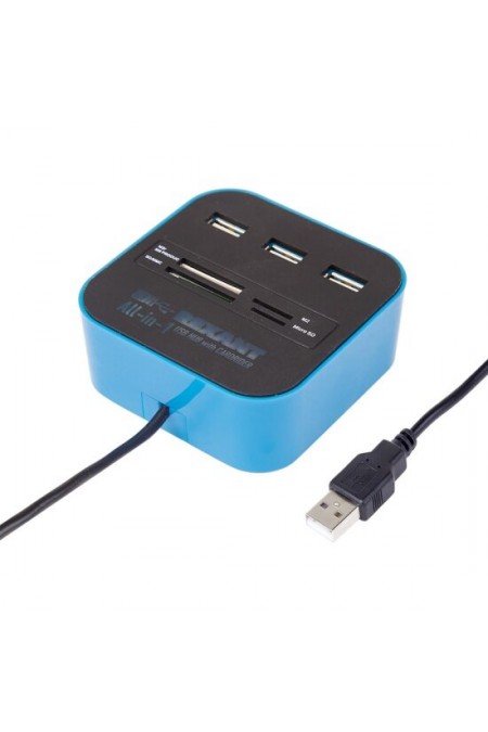 Разветвитель REXANT 18-4121 USB на 3 порта+картридер (все в одном) (черный/голубой) 