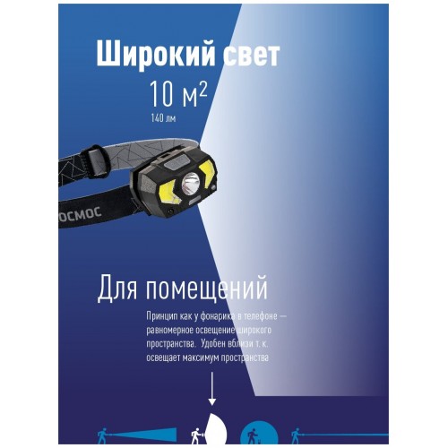 Фонарь налобный Космос KocHuntHelper5W черный 5