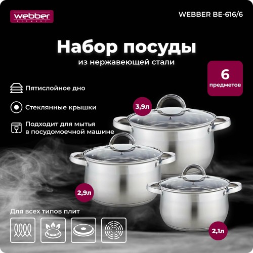 Набор кастрюль Webber BE-616/6 6 пр. (серебристый) 1
