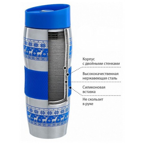 Термокружка Alpenkok с силиконовой вставкой 0.4 л (олени синий) 1