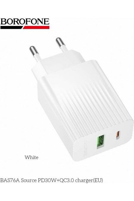 Сетевое зарядное устройство Borofone 1USB+1Type-C 3.0A PD30W+QC3.0 (BAS76A) (белый) 