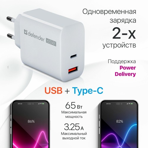 Сетевое зарядное устройство Defender UPA-165 USB A+C 65W (83582) (белый) 3