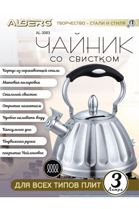 Чайник из нержавеющей стали Alberg AL-3063 3 л (серебристый) 2