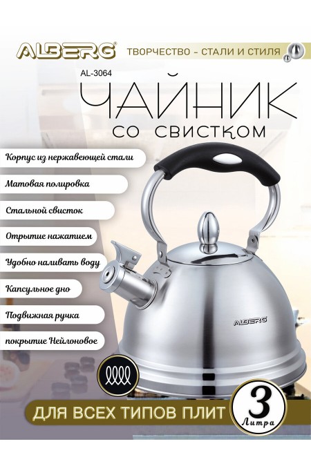 Чайник из нержавеющей стали Alberg AL-3064 3 л (серебристый) 3