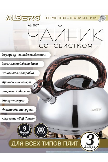 Чайник из нержавеющей стали Alberg AL-3067 3 л (серебристый/черный) 3