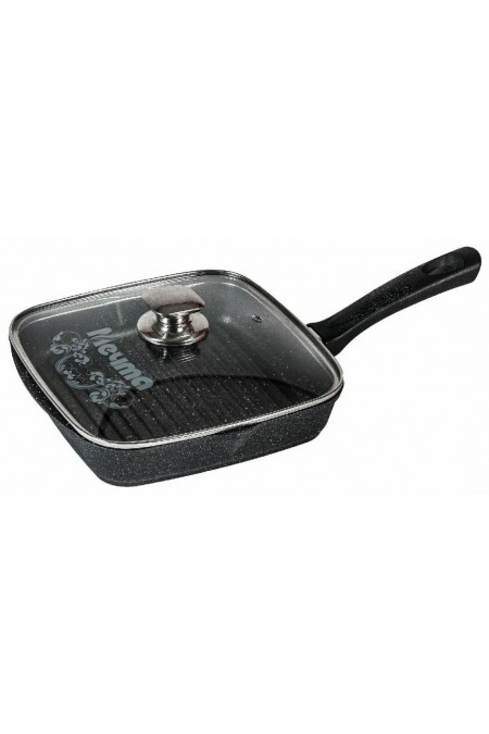Сковорода-гриль Мечта Гранит black С68802 с несъемной ручкой и стеклянной крышкой 28x28 см (черный) 