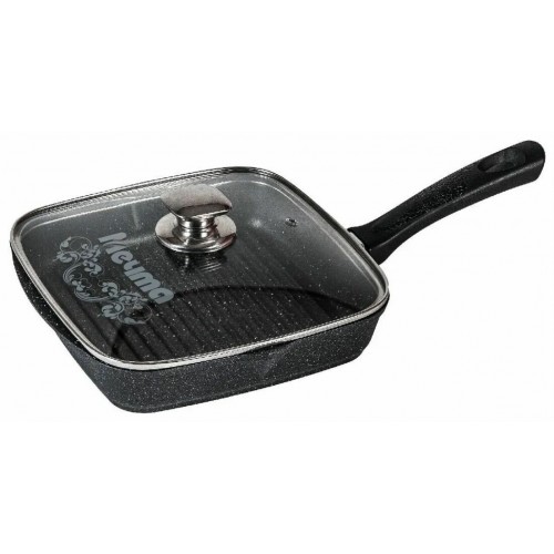 Сковорода-гриль Мечта Гранит black С68802 с несъемной ручкой и стеклянной крышкой 28x28 см (черный) 