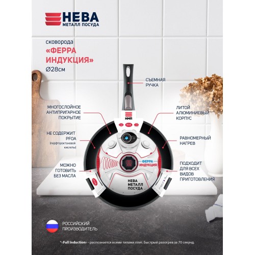 Сковорода НЕВА МЕТАЛЛ ПОСУДА Ферра индукция 59028 съемная ручка 28 см (черный) 1