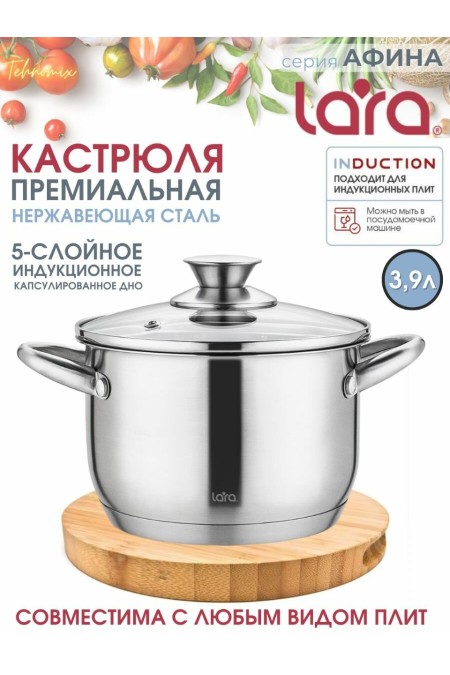 Кастрюля LARA Афина LR02-268 3.9 л (серебристый) 