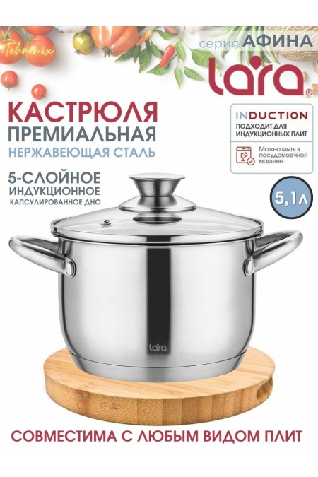 Кастрюля LARA Афина LR02-269 5.1 л (серебристый) 